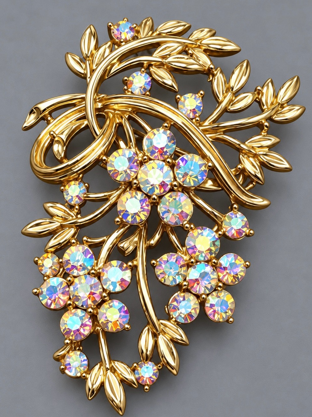 Vintage Coro Aurora Crystal Gold Floral Brooch #cz553